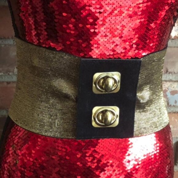 Vintage 80s Stretch Waist Cincher Belt Metallic Gold & Black Wide Elastic Small - Picture 1 of 4